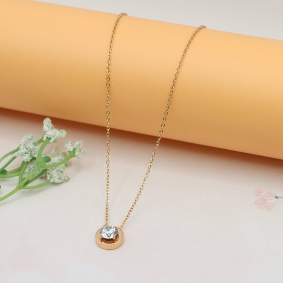 Minimalist Rose Gold Solitaire Necklace with Dainty Round Pendant, XPNL0176 - Picture 7 of 13